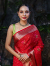 Banarasee Organza Mix Saree With Zari Buti Work & Border-Red