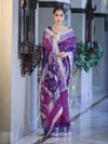 Banarasee Tissue Hand Embroidered Mirror Work Saree With Pearl Motifs & Swarovski Work-Violet & Magenta