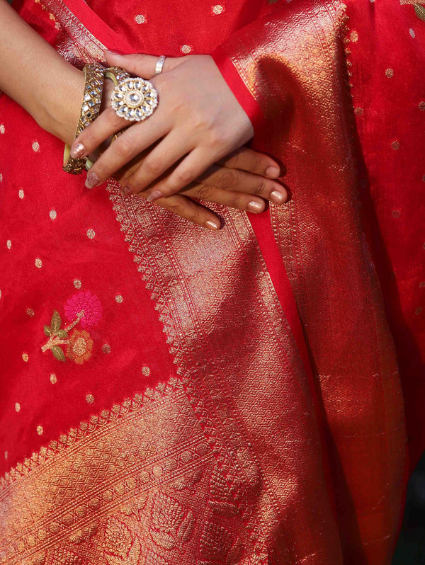 Banarasee Organza Mix Saree With Zari Buti Work & Border-Red