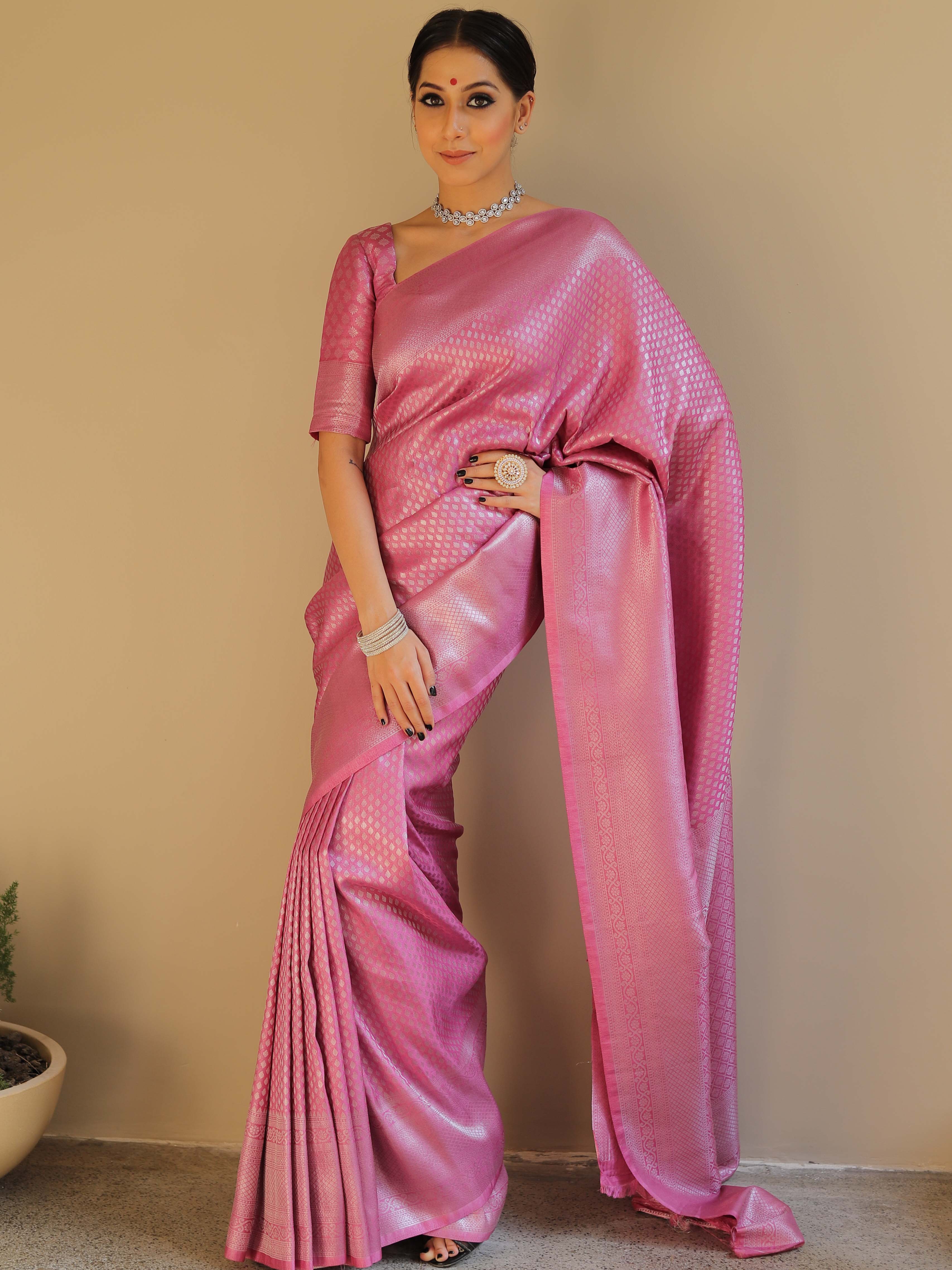 Banarasee Kubera Pattu Soft Silk Saree With Silver Zari Work-Onion Pink