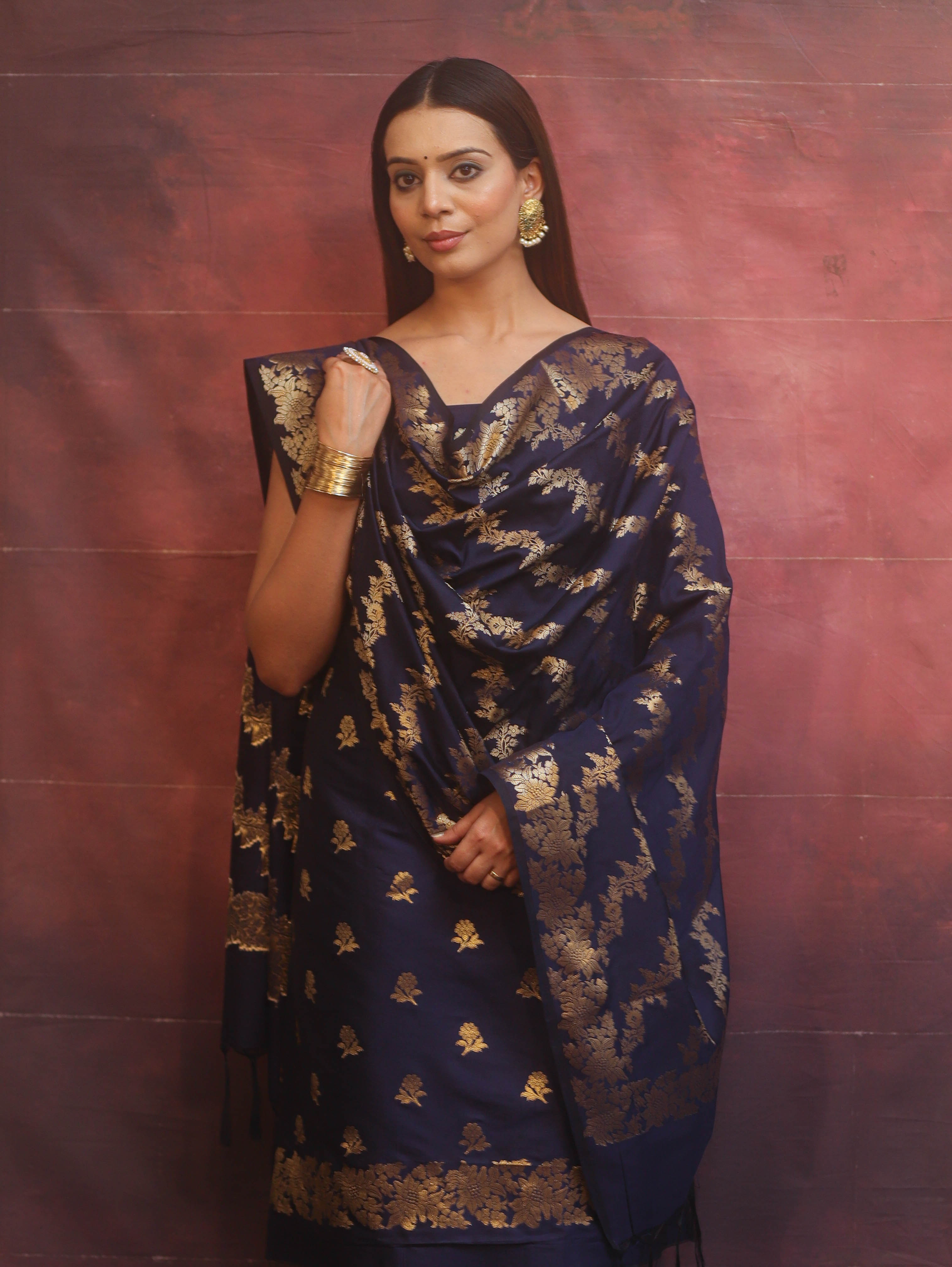 Banarasee Semi-Silk Salwar Kameez Fabric With Dupatta Set-Blue