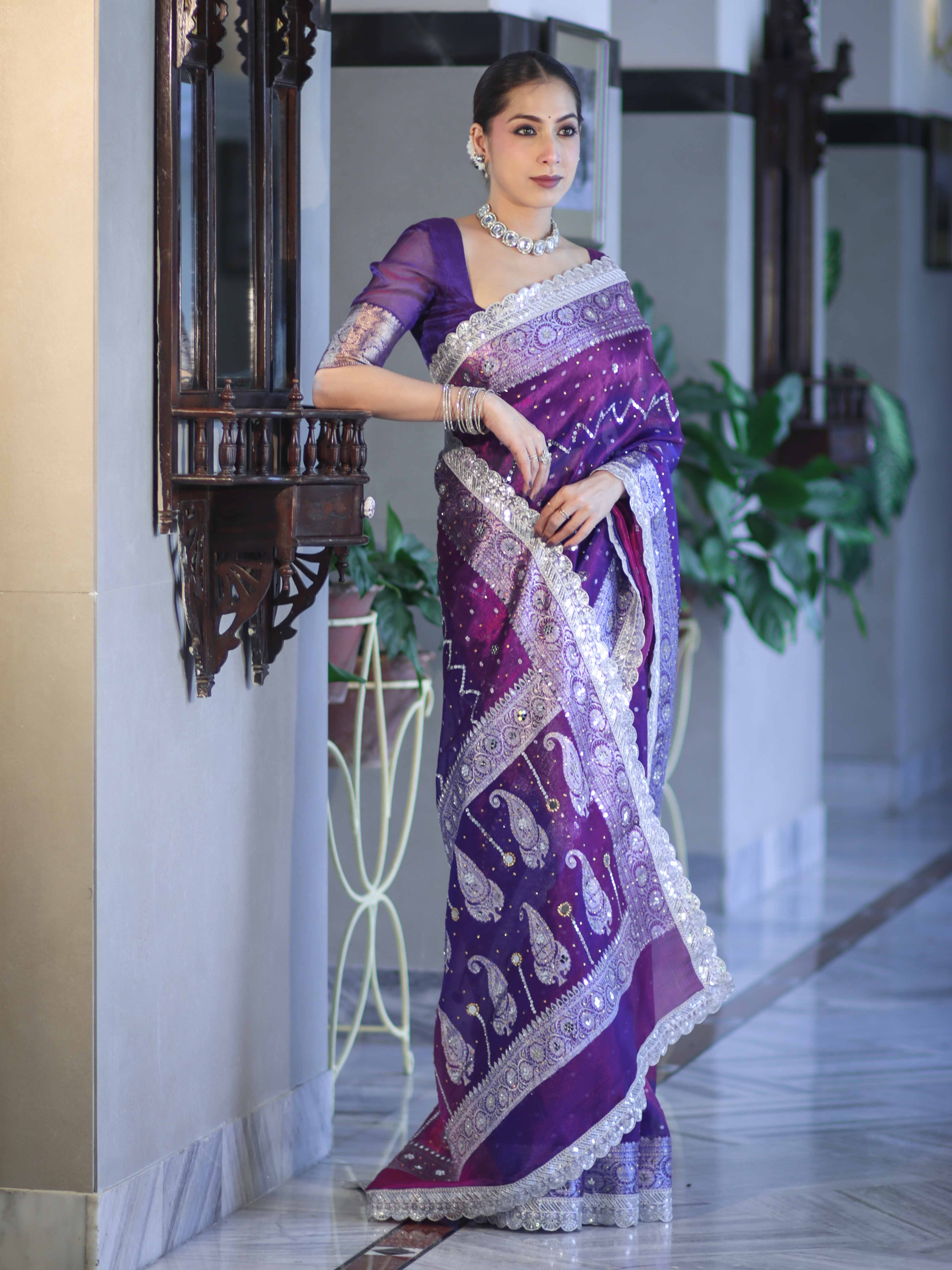 Banarasee Tissue Hand Embroidered Mirror Work Saree With Pearl Motifs & Swarovski Work-Violet & Magenta