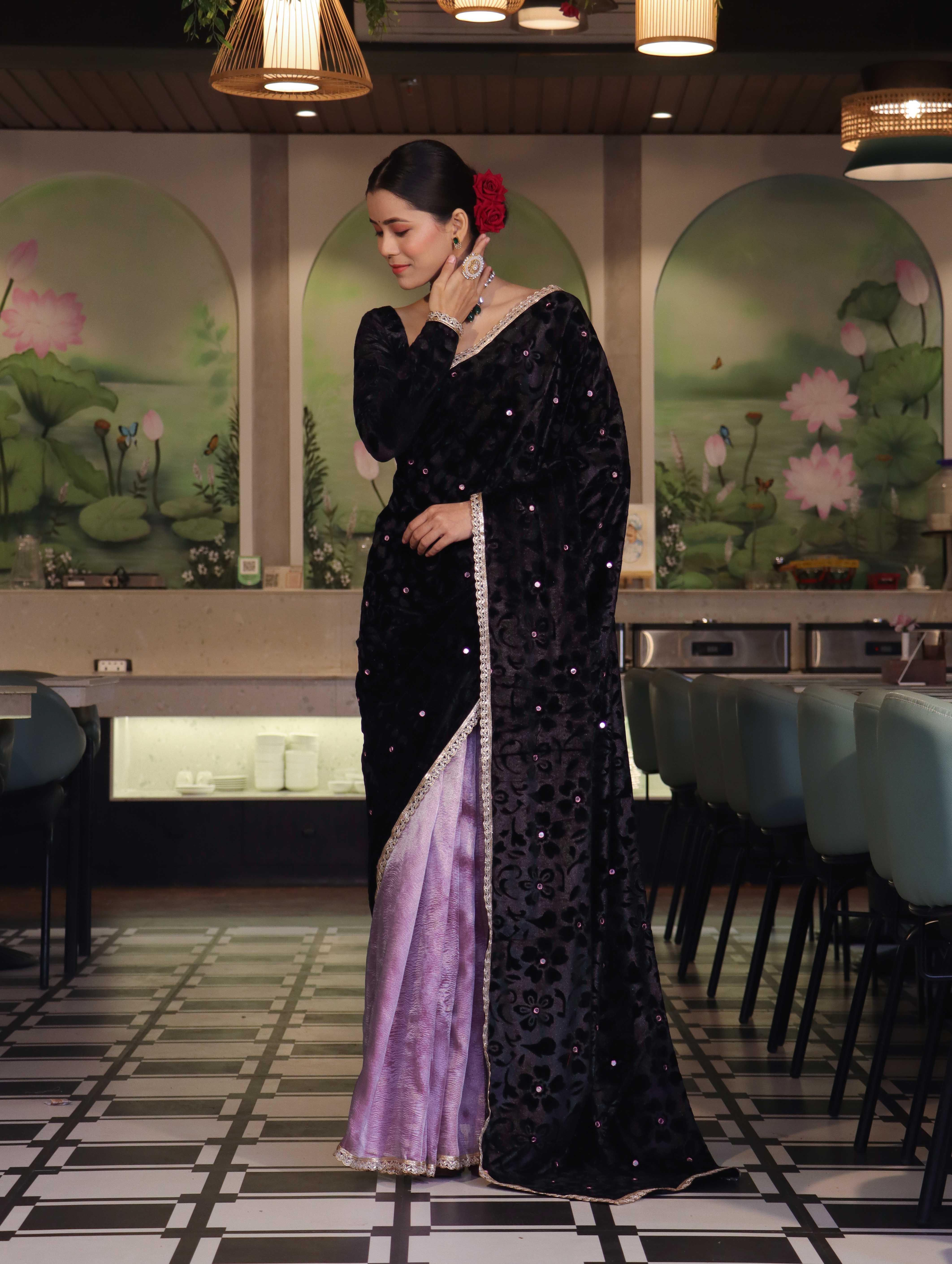 Banarasee Mirror Embroidered Velvet & Tissue Saree-Black