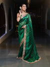 Banarasee Handwoven Tissue Saree With Zari Buti Design & Lace-Green