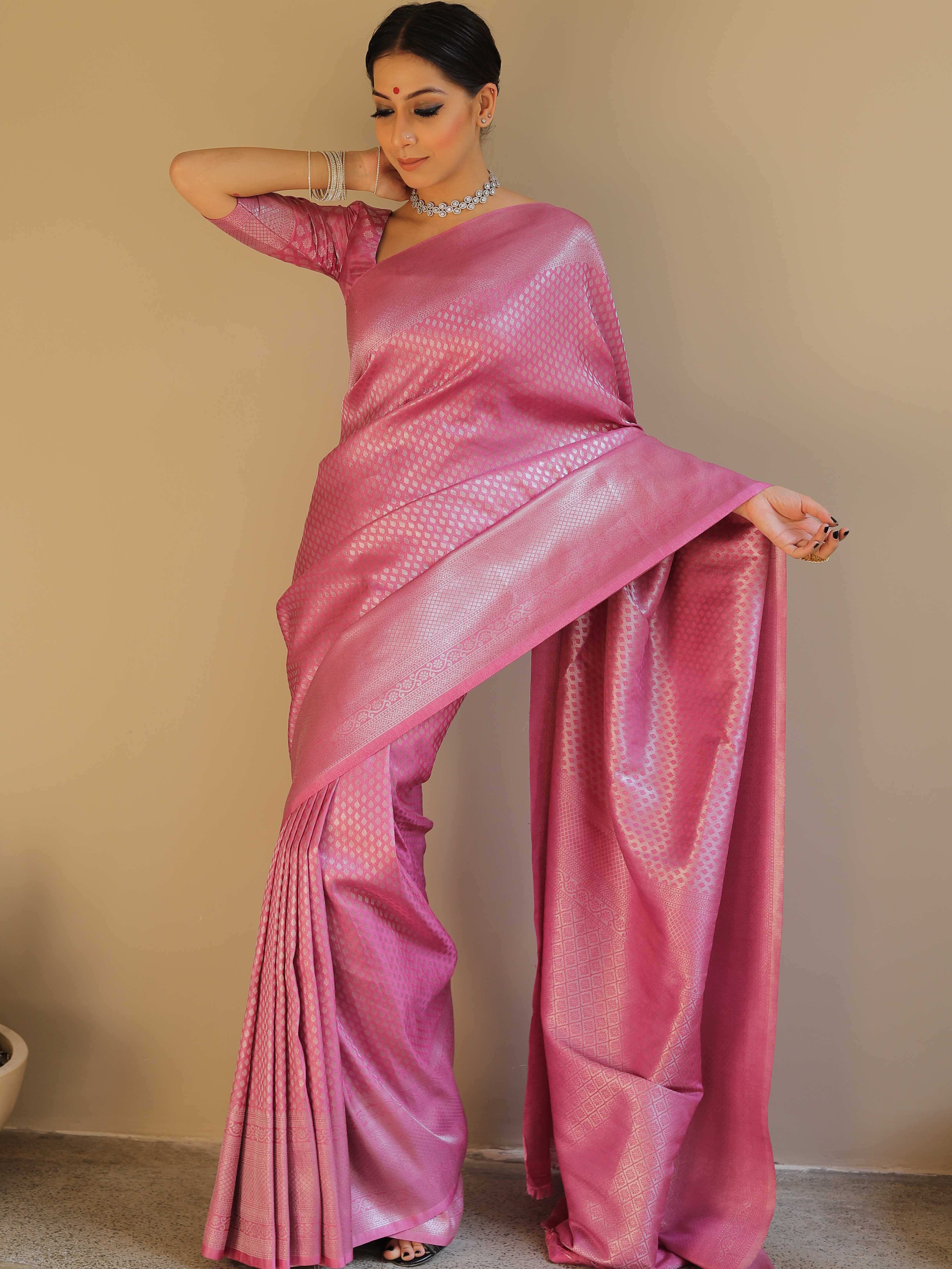 Banarasee Kubera Pattu Soft Silk Saree With Silver Zari Work-Onion Pink