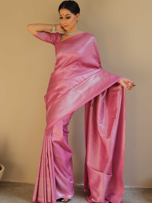 Banarasee Kubera Pattu Soft Silk Saree With Silver Zari Work-Onion Pink