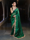Banarasee Handwoven Tissue Saree With Zari Buti Design & Lace-Green