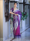 Banarasee Tissue Hand Embroidered Mirror Work Saree With Pearl Motifs & Swarovski Work-Violet & Magenta