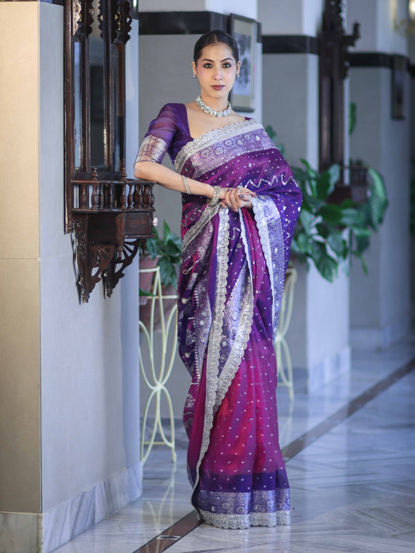 Banarasee Tissue Hand Embroidered Mirror Work Saree With Pearl Motifs & Swarovski Work-Violet & Magenta