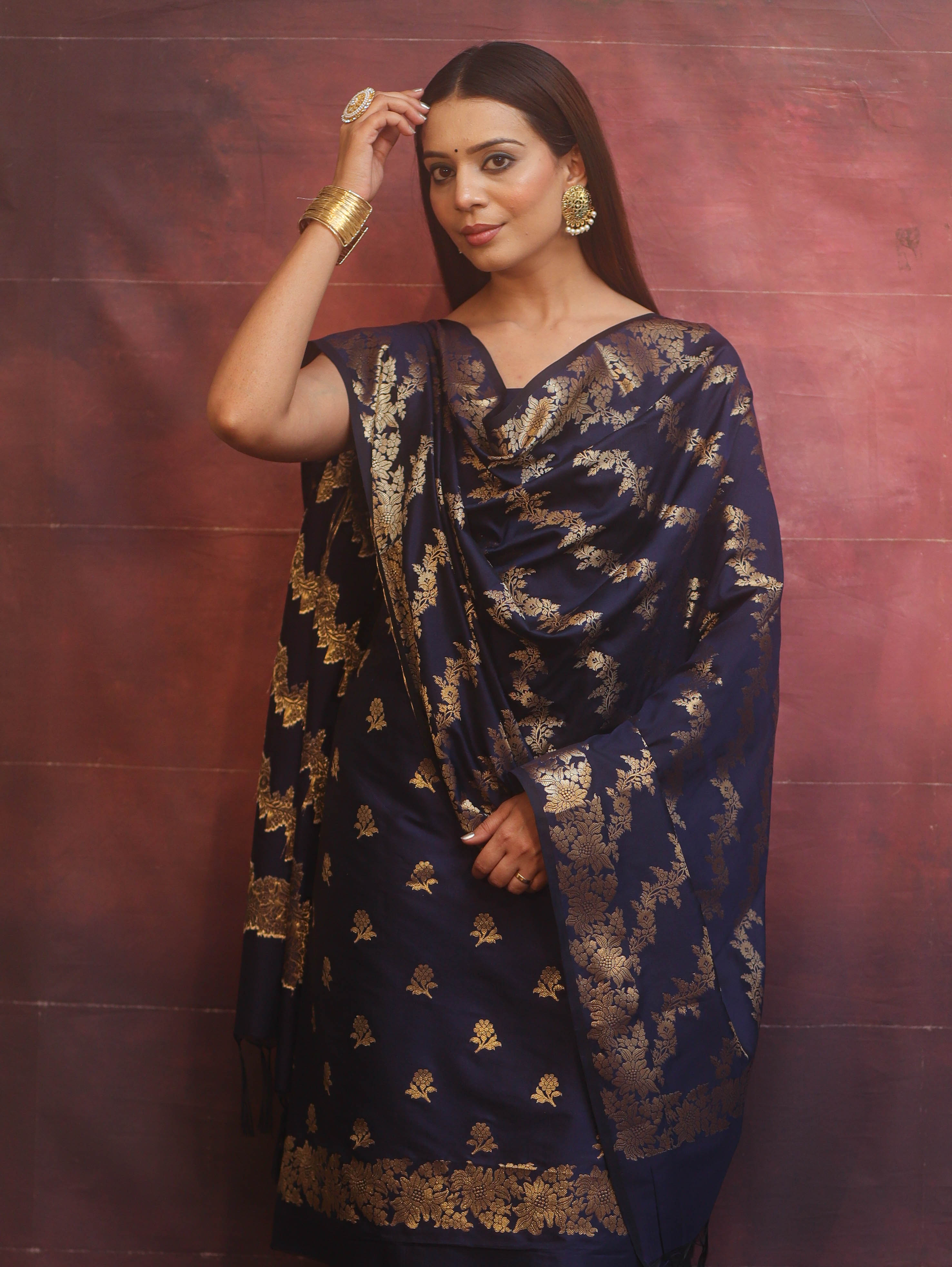 Banarasee Semi-Silk Salwar Kameez Fabric With Dupatta Set-Blue
