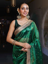 Banarasee Handwoven Tissue Saree With Zari Buti Design & Lace-Green