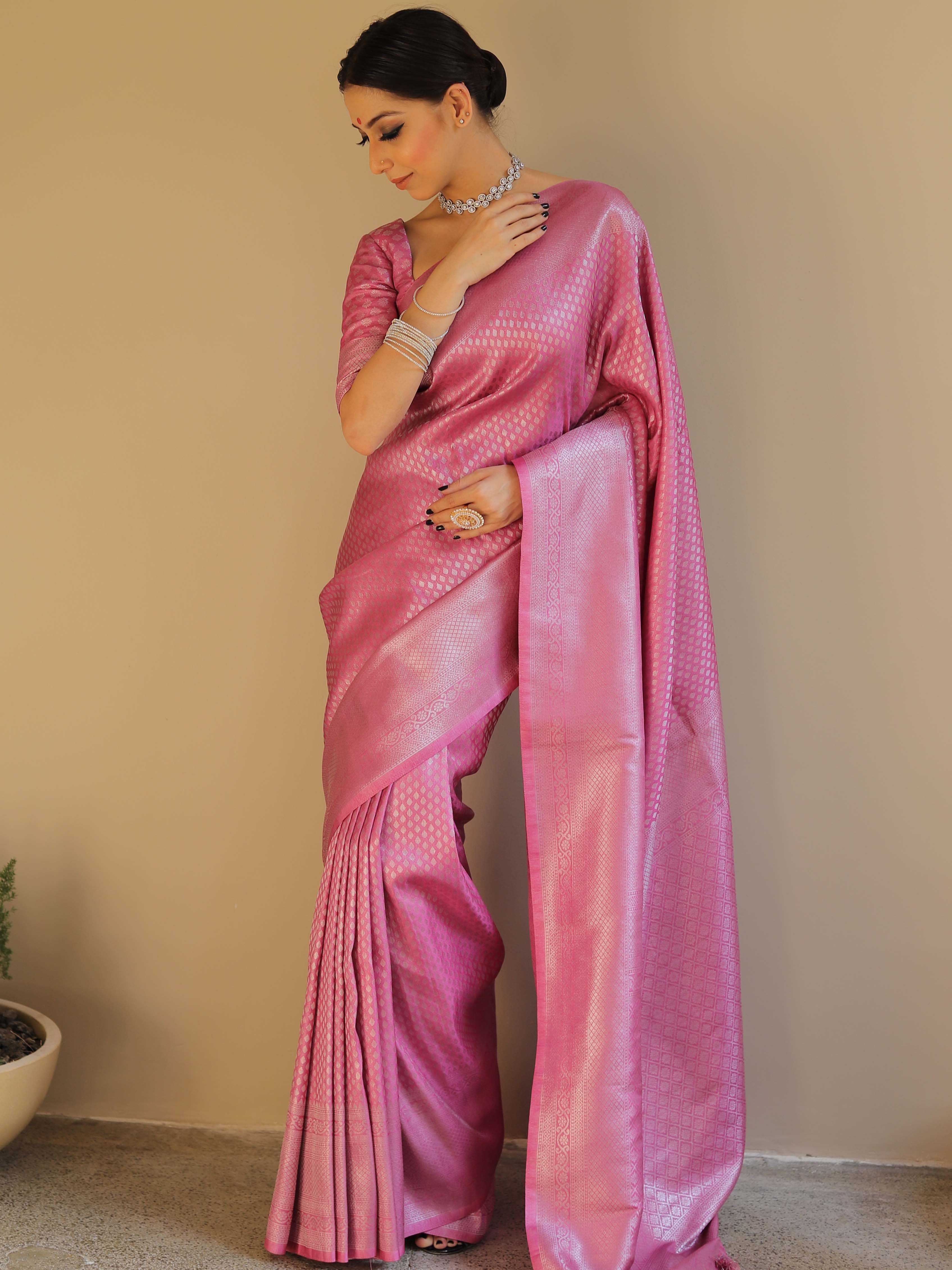 Banarasee Kubera Pattu Soft Silk Saree With Silver Zari Work-Onion Pink