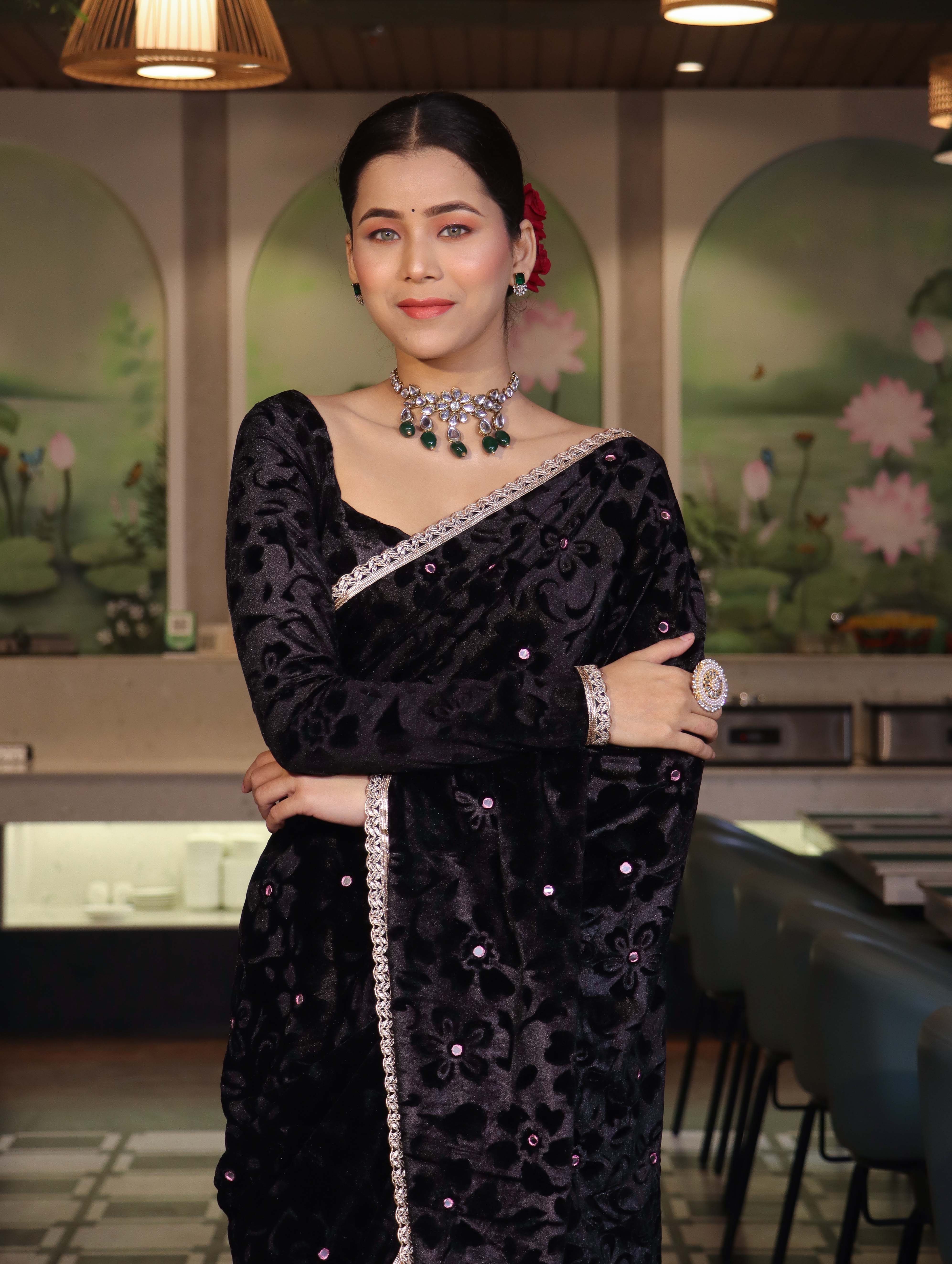 Banarasee Mirror Embroidered Velvet & Tissue Saree-Black