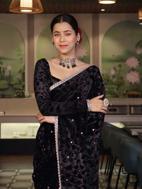 Banarasee Mirror Embroidered Velvet & Tissue Saree-Black
