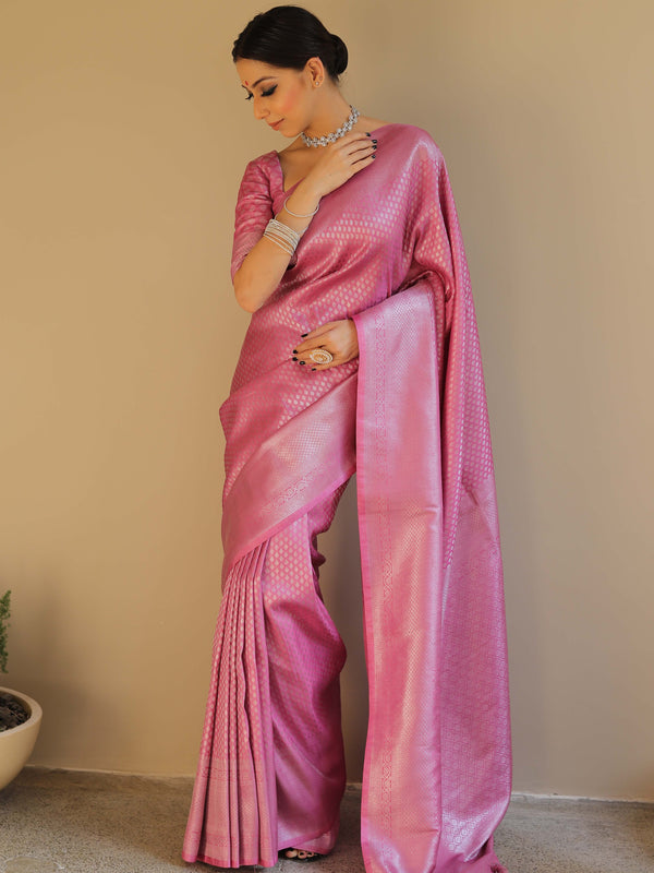 Banarasee Kubera Pattu Soft Silk Saree With Silver Zari Work-Onion Pink