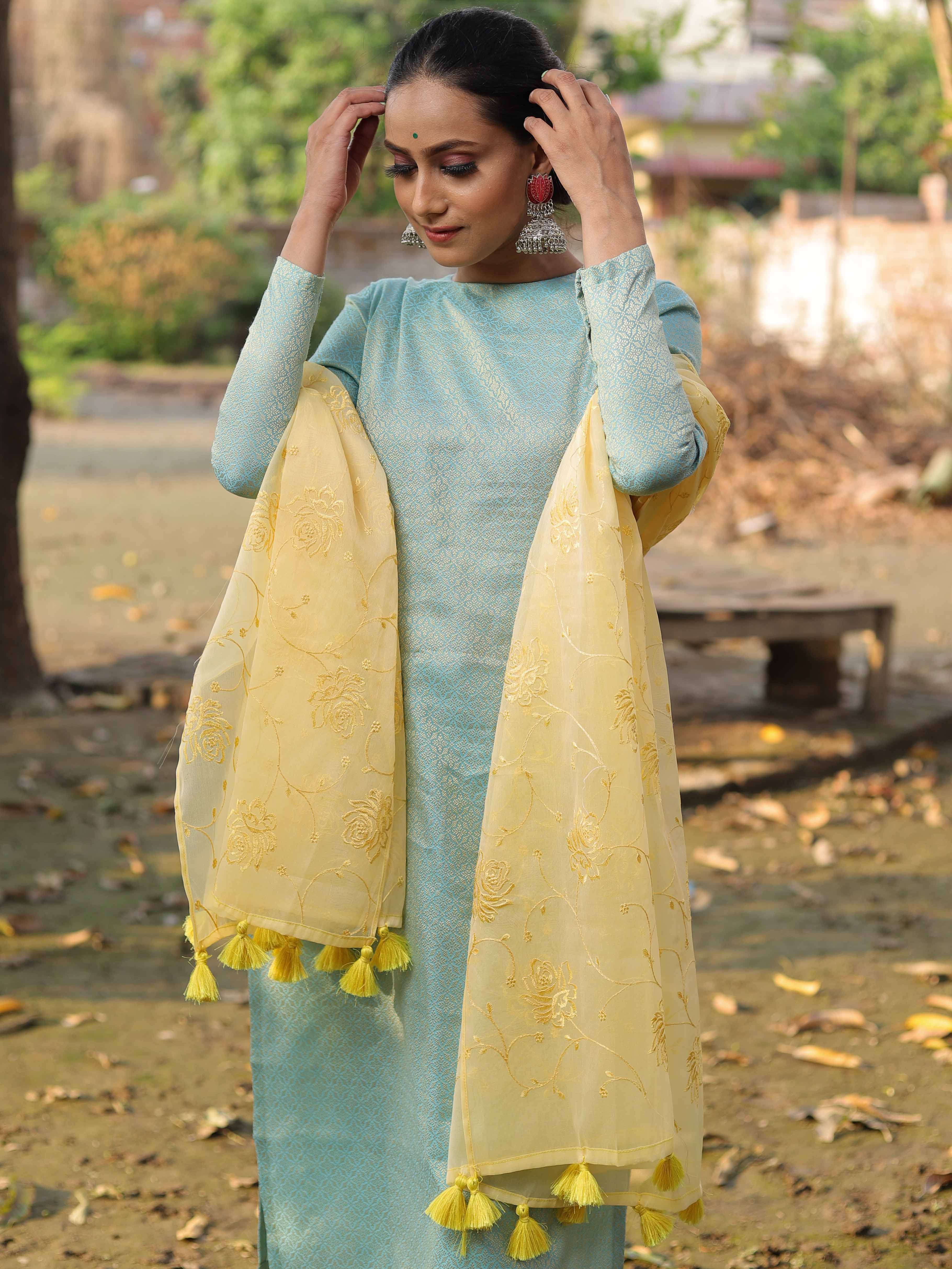 Banarasee Brocade Salwar Kameez Fabric With Embroidered Dupatta-Blue & Yellow