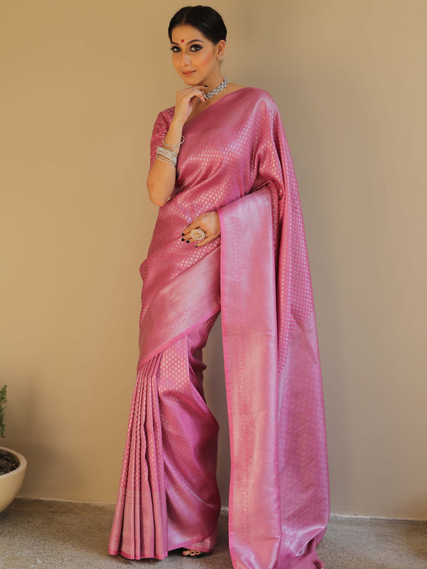 Banarasee Kubera Pattu Soft Silk Saree With Silver Zari Work-Onion Pink