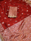 Banarasee Handwoven Tissue Zari Woven Mirror Work Saree-Deep Red