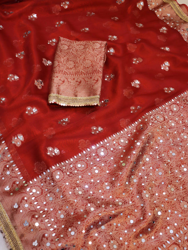 Banarasee Handwoven Tissue Zari Woven Mirror Work Saree-Deep Red