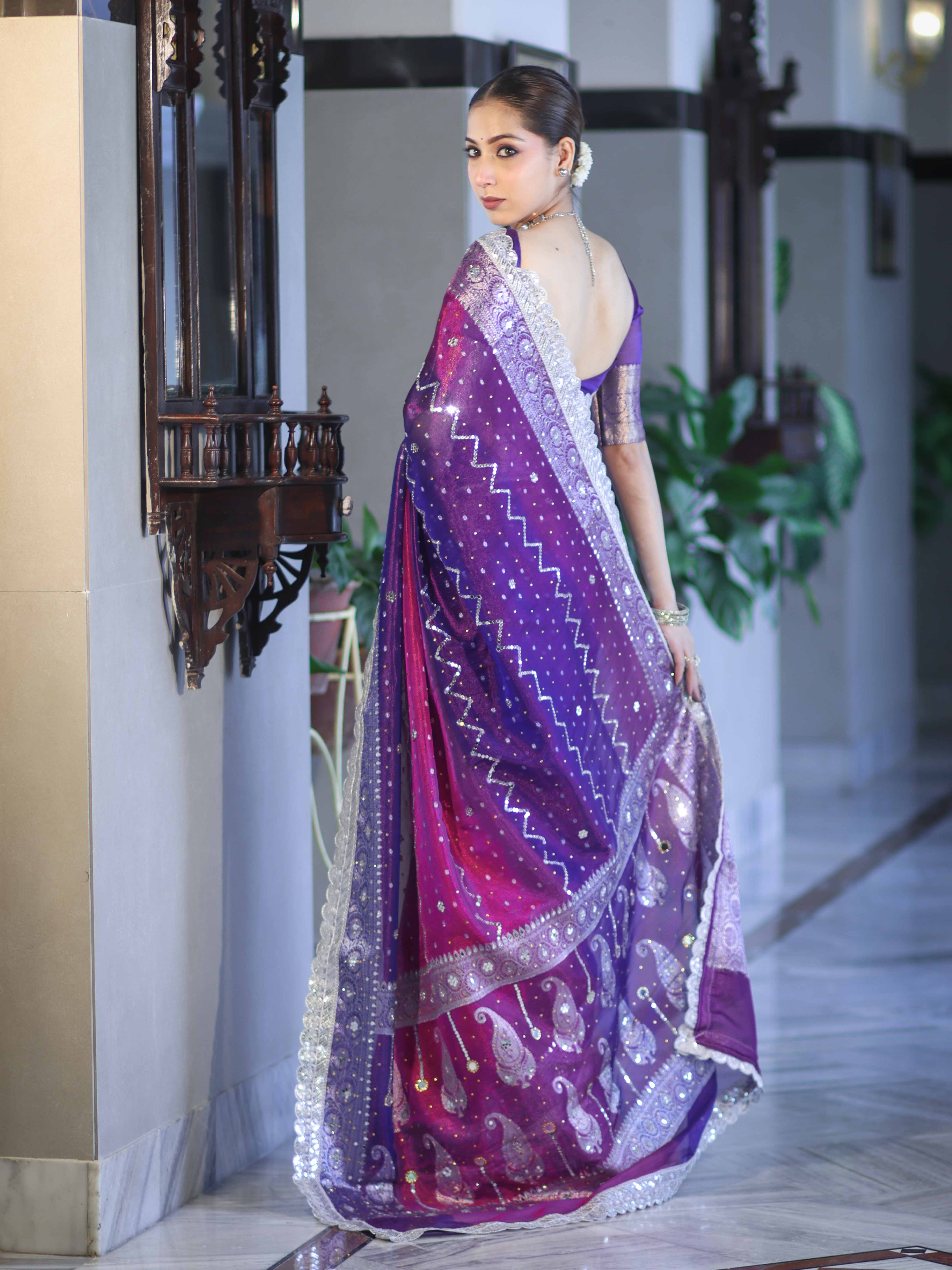 Banarasee Tissue Hand Embroidered Mirror Work Saree With Pearl Motifs & Swarovski Work-Violet & Magenta