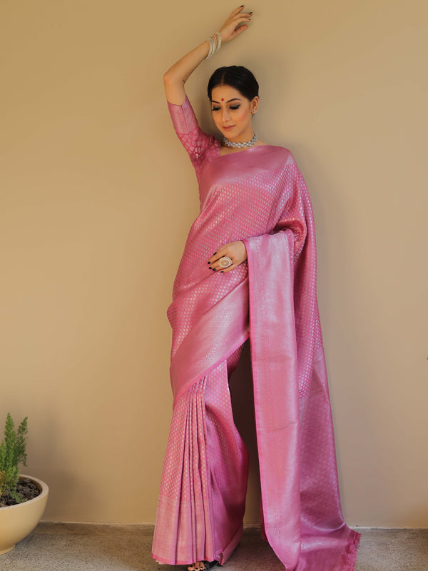 Banarasee Kubera Pattu Soft Silk Saree With Silver Zari Work-Onion Pink