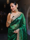 Banarasee Handwoven Tissue Saree With Zari Buti Design & Lace-Green
