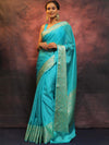 Banarasee Handwoven Semi Silk Plain Saree With Zari Border-Blue