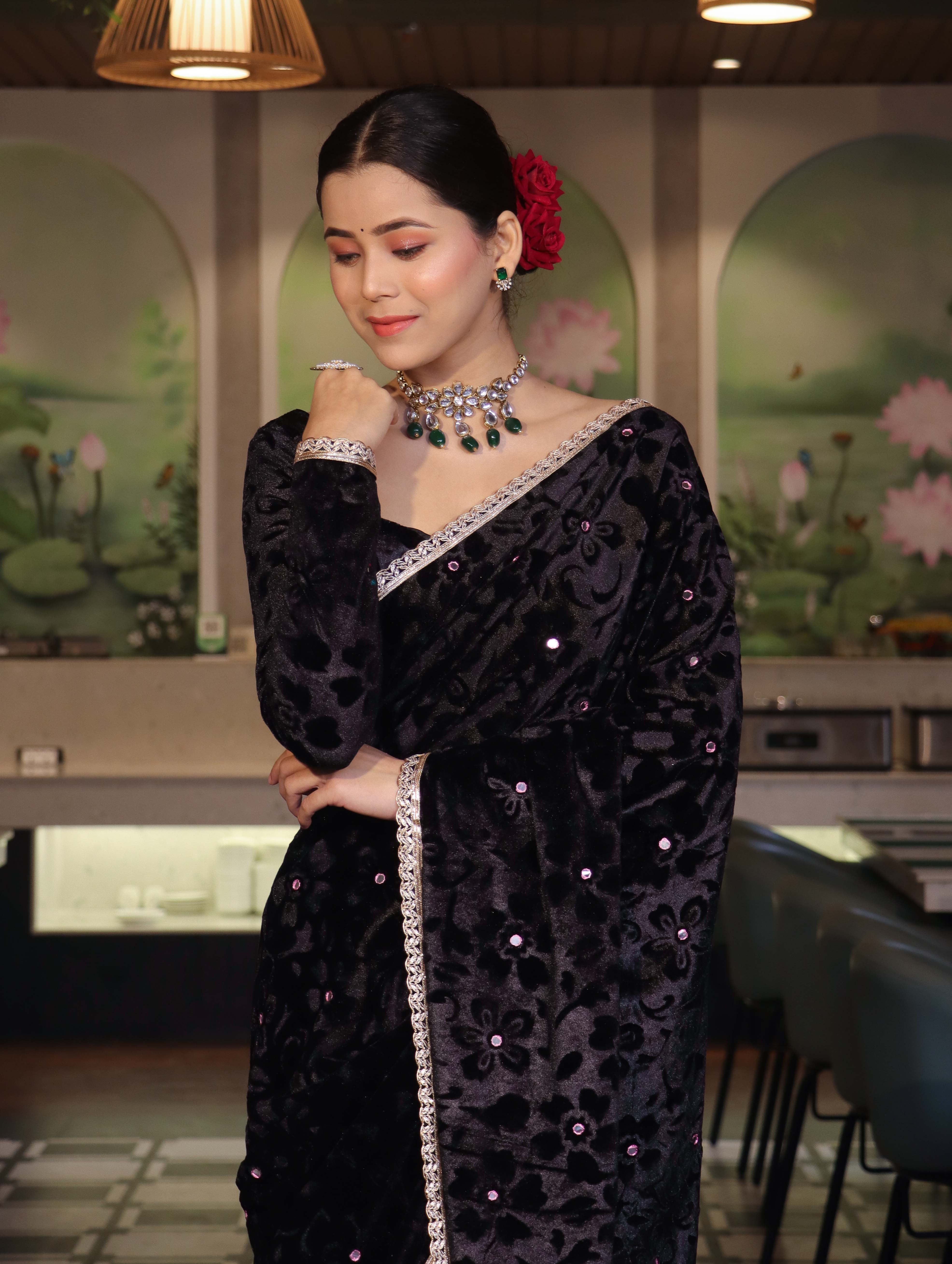 Banarasee Mirror Embroidered Velvet & Tissue Saree-Black