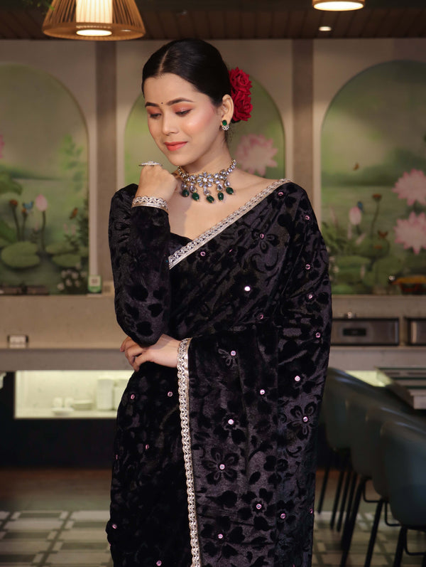 Banarasee Mirror Embroidered Velvet & Tissue Saree-Black