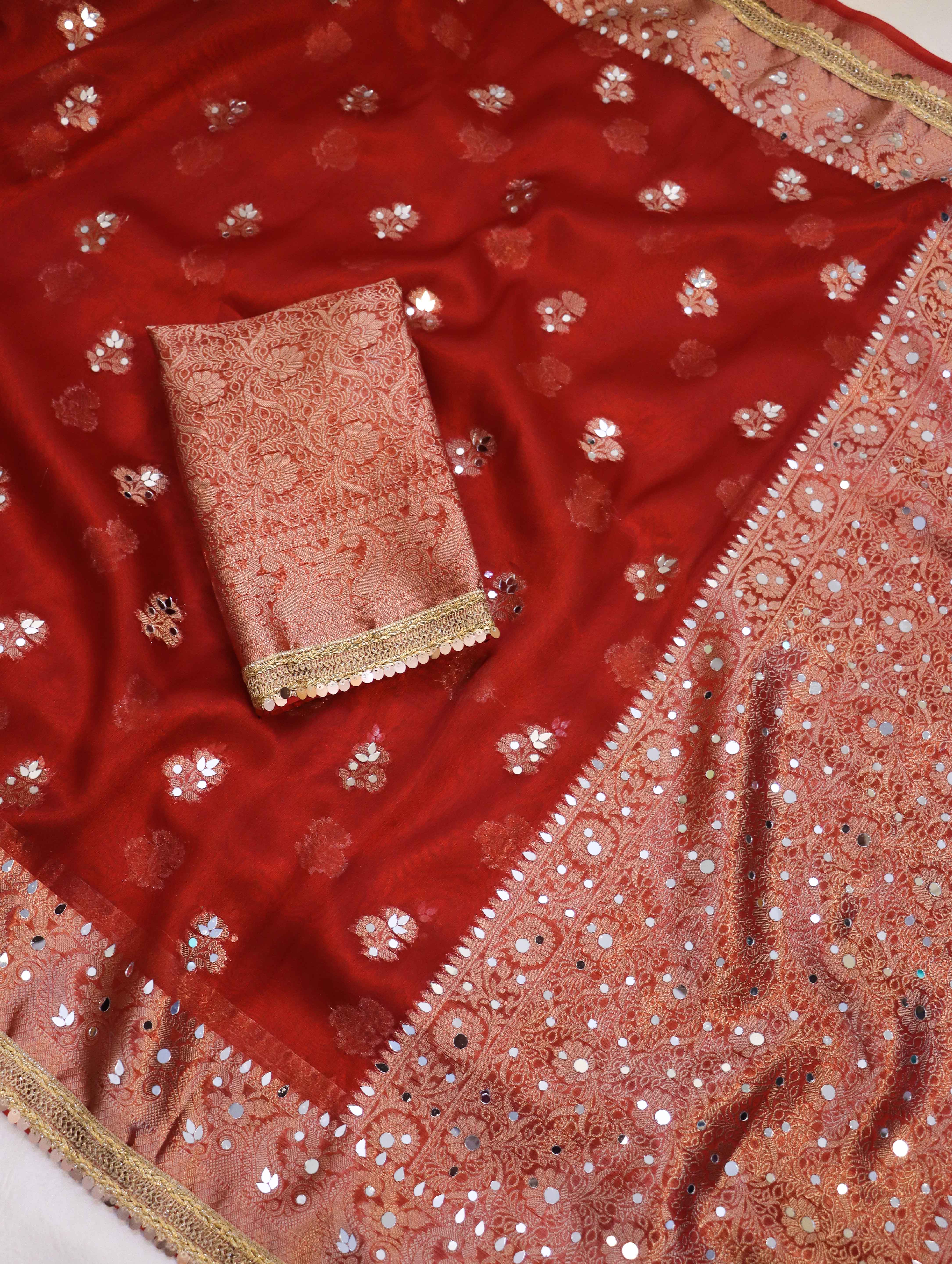 Banarasee Handwoven Tissue Zari Woven Mirror Work Saree-Deep Red