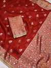 Banarasee Handwoven Tissue Zari Woven Mirror Work Saree-Deep Red