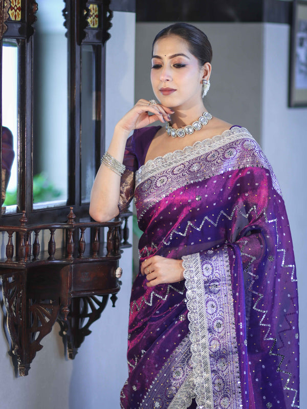 Banarasee Tissue Hand Embroidered Mirror Work Saree With Pearl Motifs & Swarovski Work-Violet & Magenta
