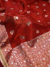 Banarasee Handwoven Tissue Zari Woven Mirror Work Saree-Deep Red