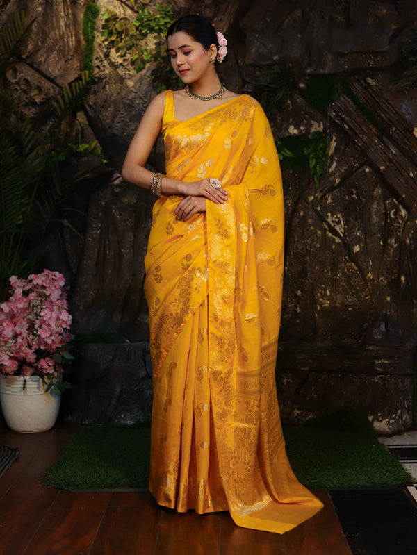 Banarasee Pure Chiniya Silk Saree With Zari Work & Floral Border-Yellow