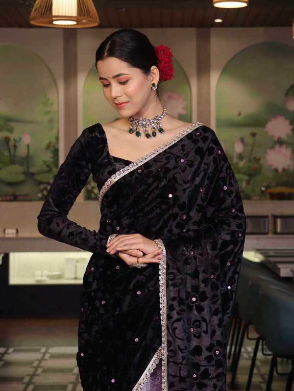 Banarasee Mirror Embroidered Velvet & Tissue Saree-Black