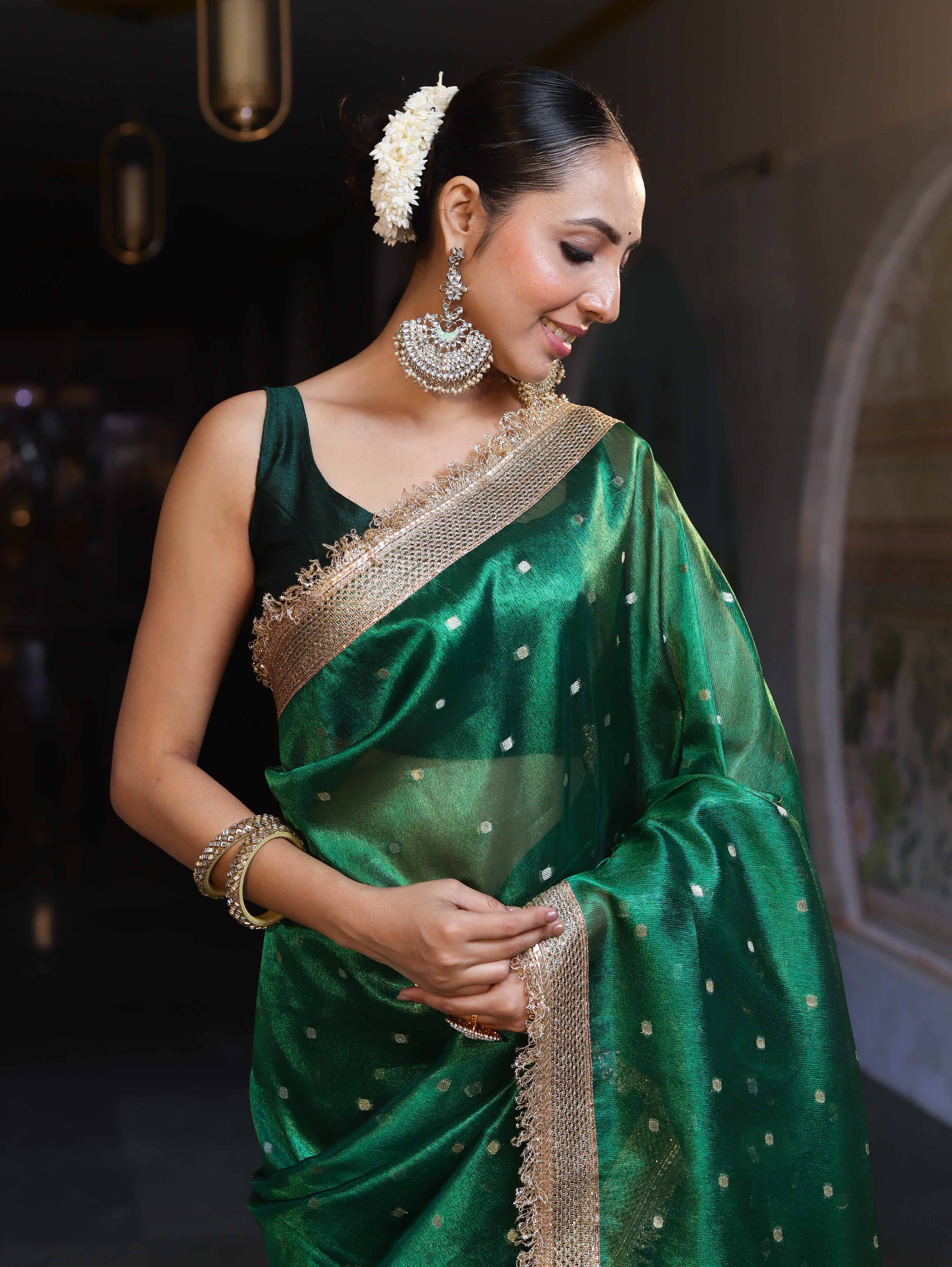 Banarasee Handwoven Tissue Saree With Zari Buti Design & Lace-Green