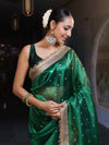 Banarasee Handwoven Tissue Saree With Zari Buti Design & Lace-Green
