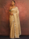 Banarasee Handwoven Tissue Saree With Zig-Zag Design & Broder Lace-Beige
