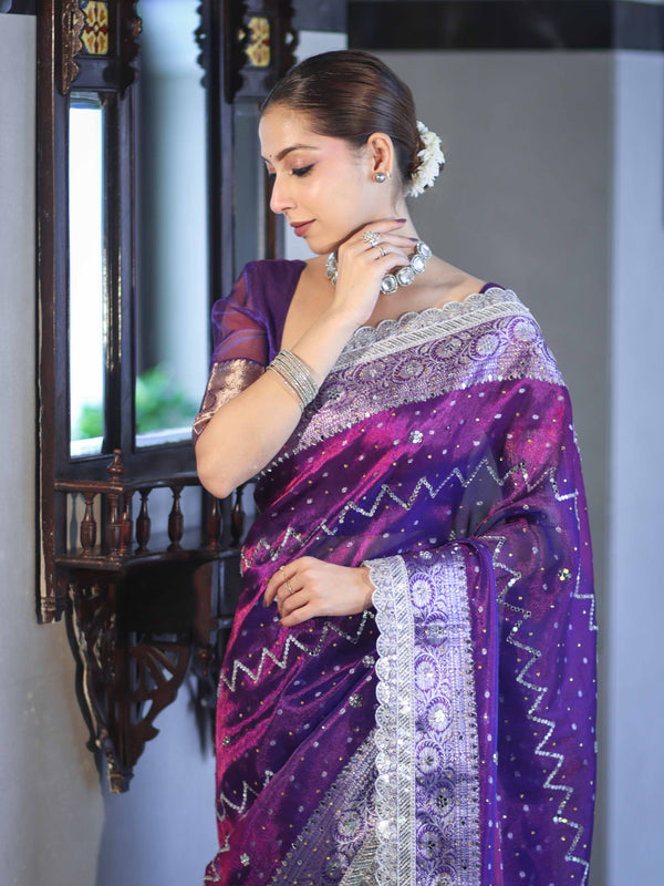 Banarasee Tissue Hand Embroidered Mirror Work Saree With Pearl Motifs & Swarovski Work-Violet & Magenta
