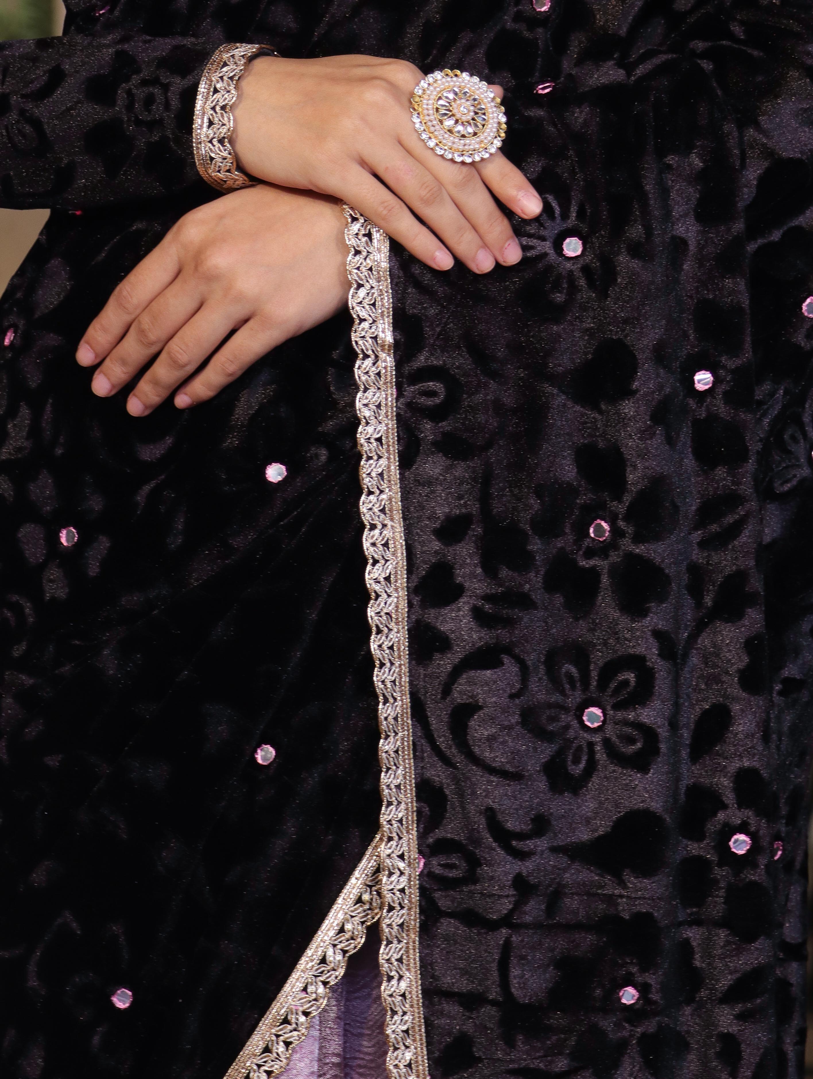 Banarasee Mirror Embroidered Velvet & Tissue Saree-Black