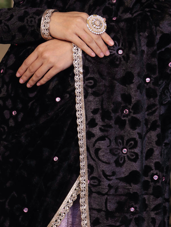 Banarasee Mirror Embroidered Velvet & Tissue Saree-Black