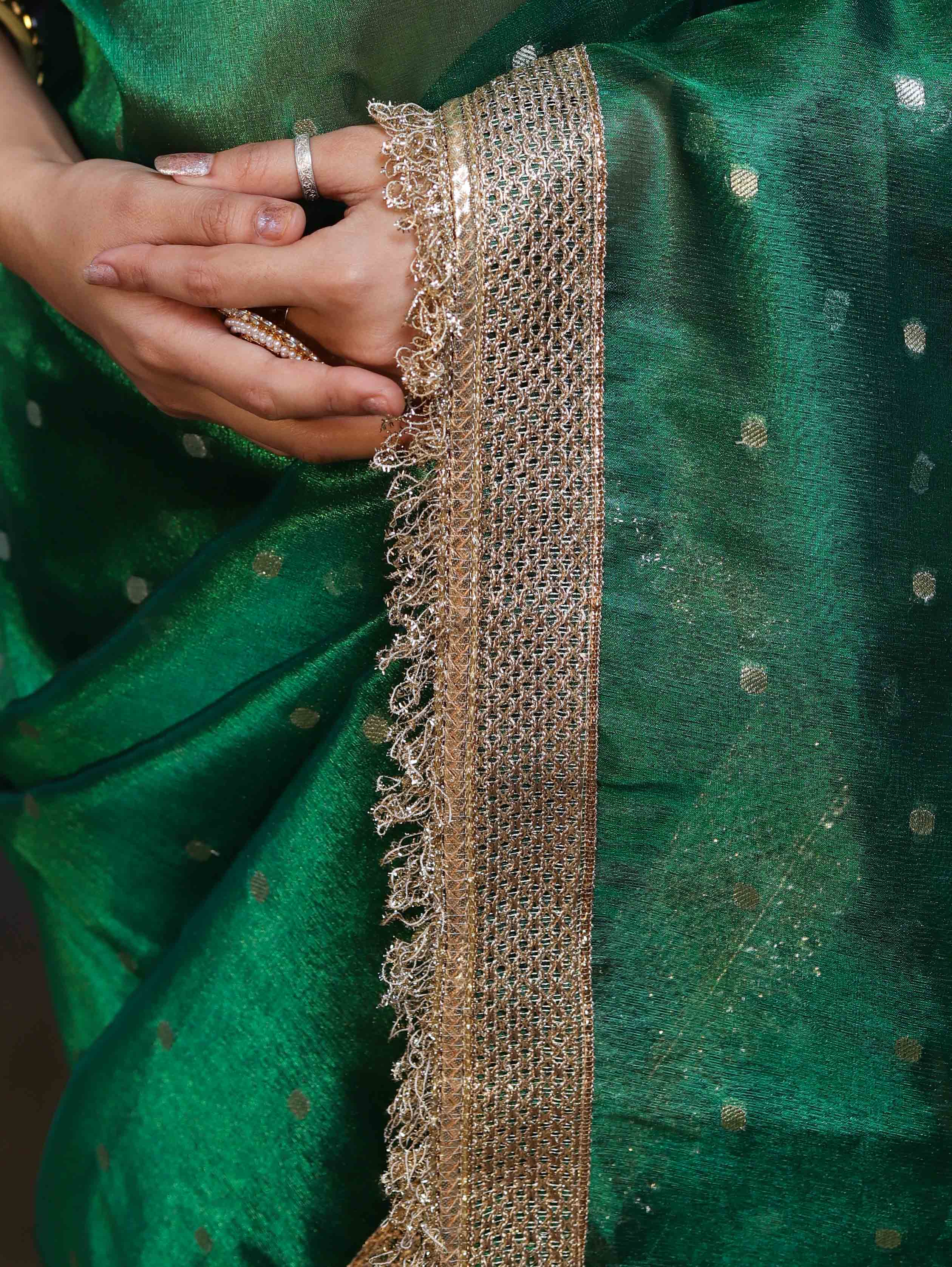 Banarasee Handwoven Tissue Saree With Zari Buti Design & Lace-Green
