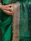 Banarasee Handwoven Tissue Saree With Zari Buti Design & Lace-Green