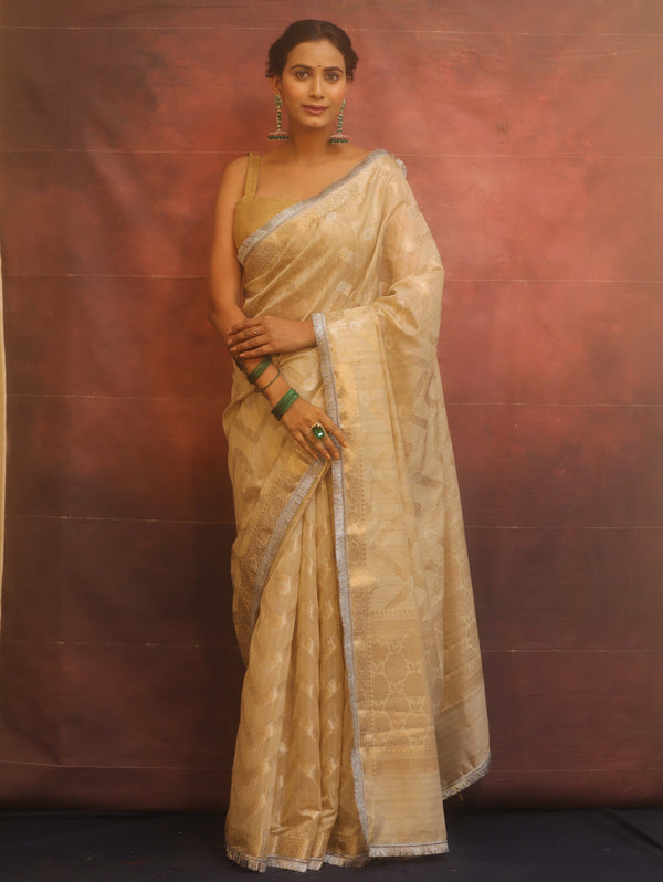 Banarasee Handwoven Tissue Saree With Zig-Zag Design & Broder Lace-Beige
