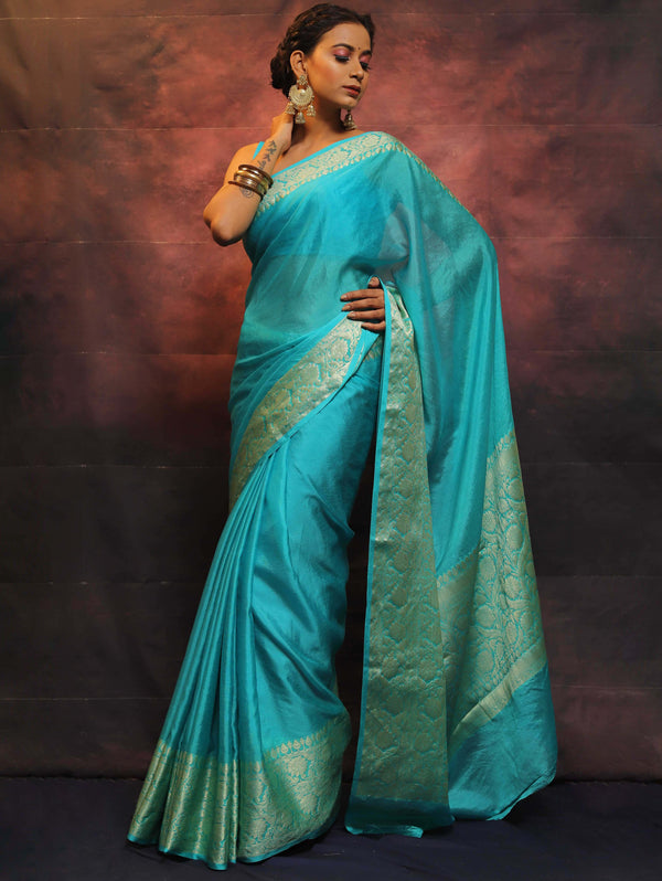 Banarasee Handwoven Semi Silk Plain Saree With Zari Border-Blue