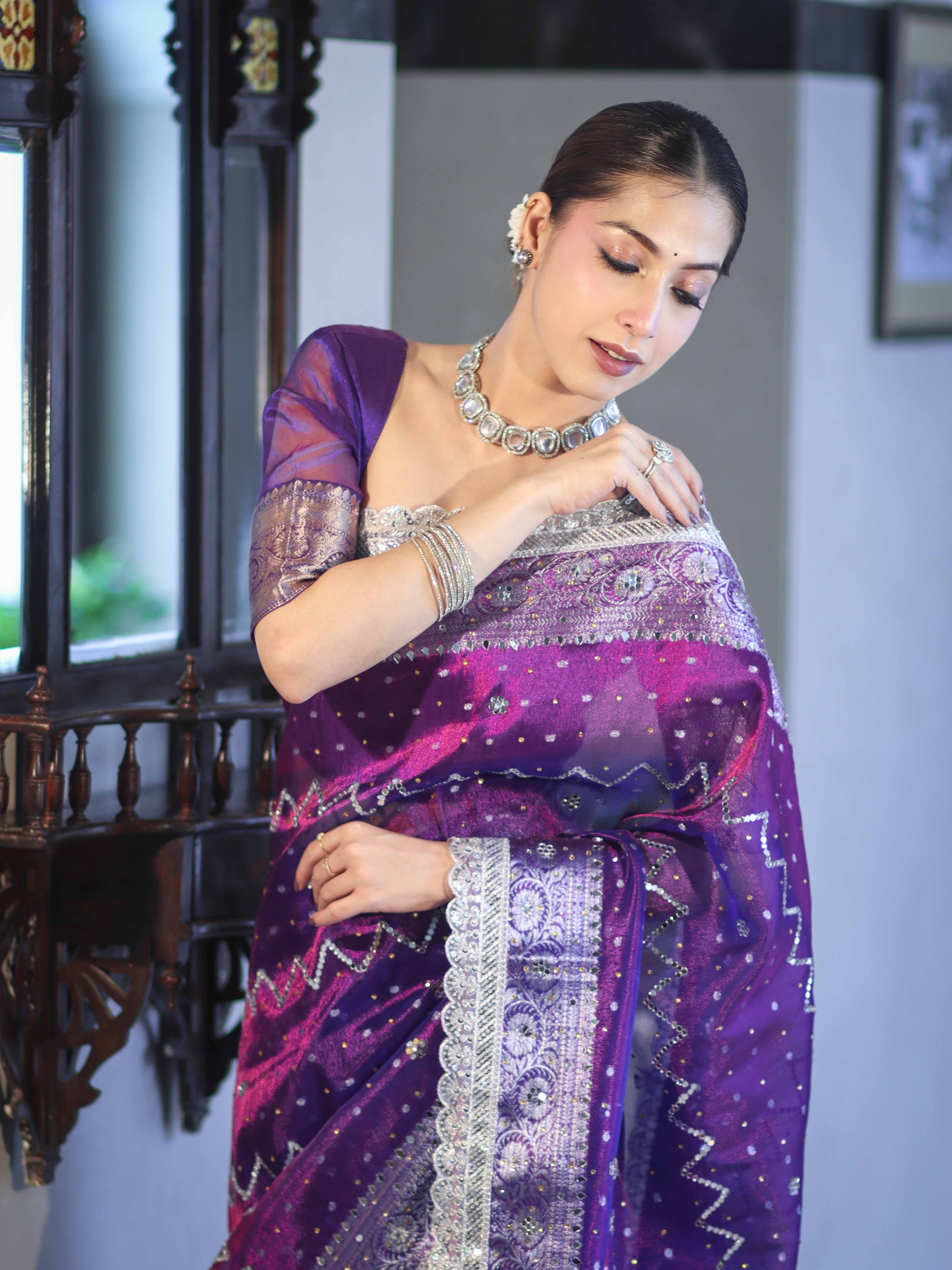 Banarasee Tissue Hand Embroidered Mirror Work Saree With Pearl Motifs & Swarovski Work-Violet & Magenta