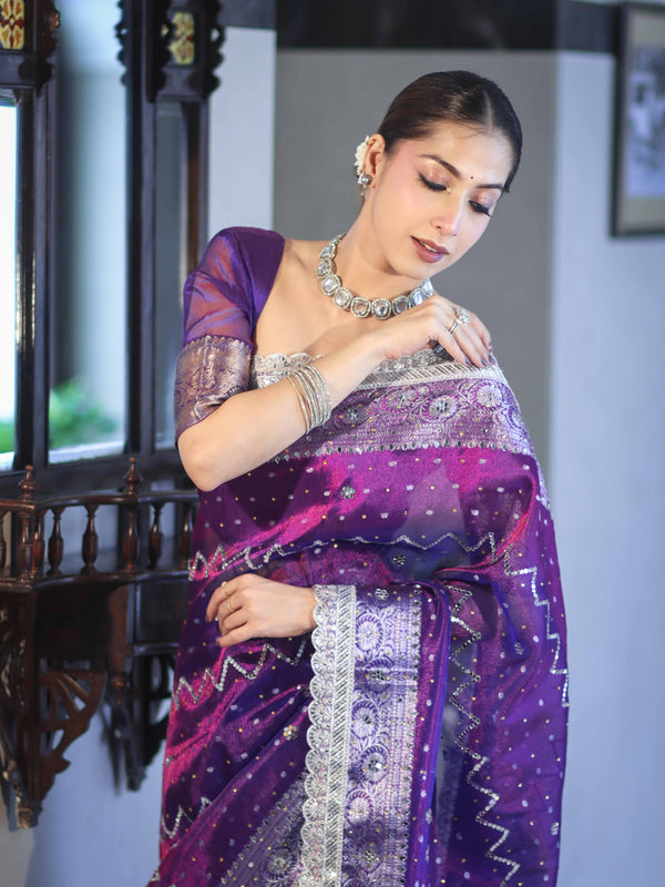 Banarasee Tissue Hand Embroidered Mirror Work Saree With Pearl Motifs & Swarovski Work-Violet & Magenta
