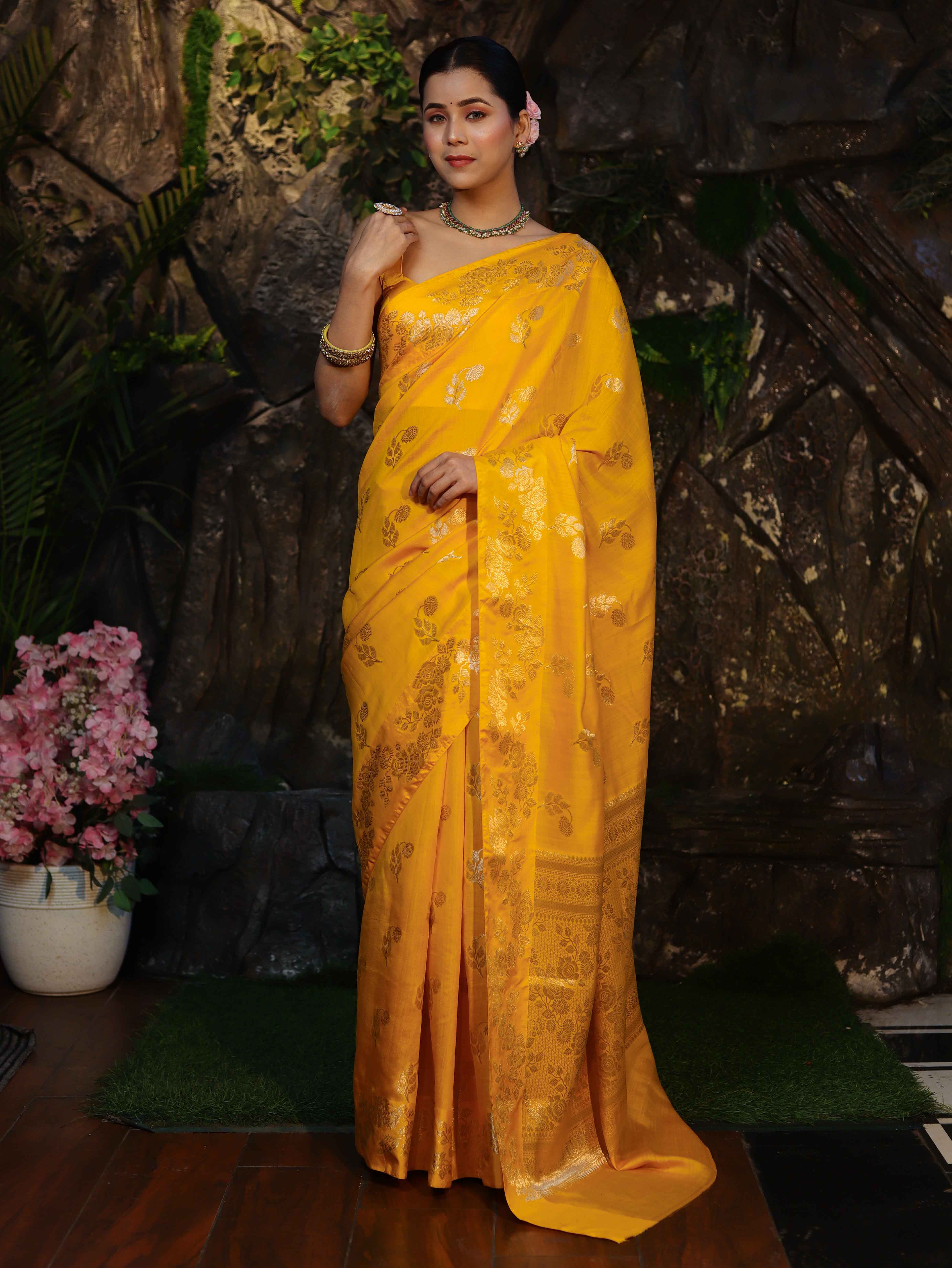 Banarasee Pure Chiniya Silk Saree With Zari Work & Floral Border-Yellow