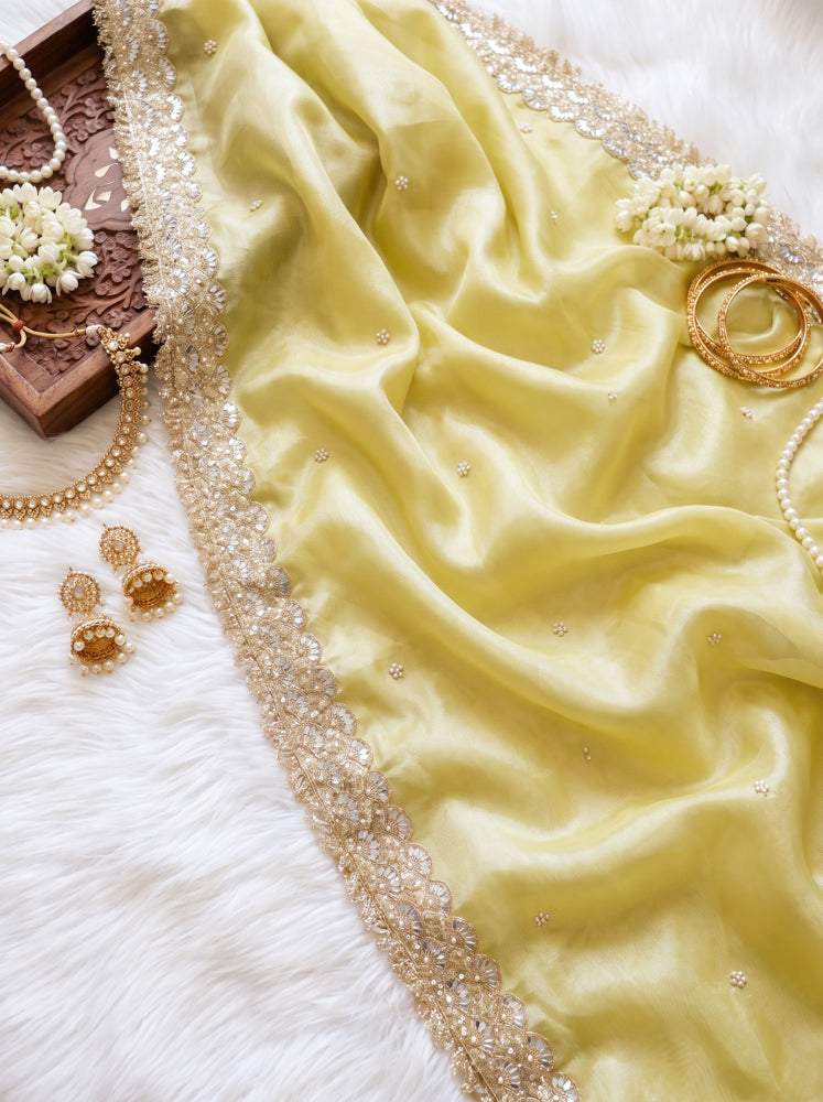 Banarasee Tissue Saree With Handwork Motifs & Mirror Work Lace-Light Yellow