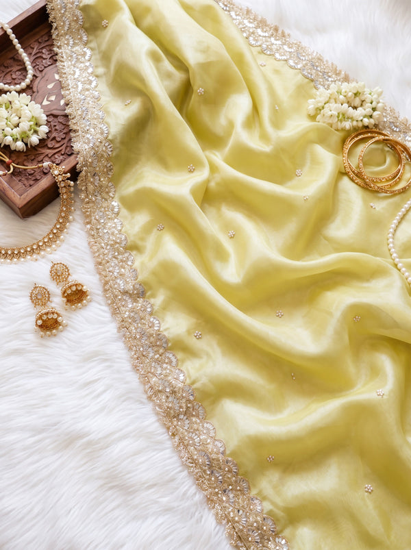 Banarasee Tissue Saree With Handwork Motifs & Mirror Work Lace-Light Yellow